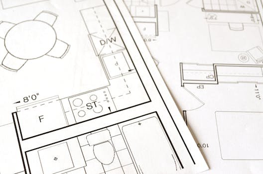 Close-up view of an architectural floor plan on paper showcasing detailed room layouts and measurements.